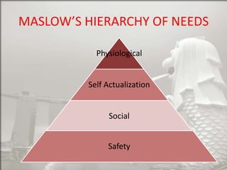 MASLOW’S HIERARCHY OF NEEDS
Physiological

Self Actualization

Social
Safety

 