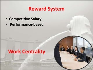 Reward System
• Competitive Salary
• Performance-based

Work Centrality

 