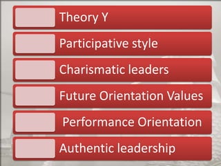 Theory Y
Participative style
Charismatic leaders

Future Orientation Values
Performance Orientation
Authentic leadership

 