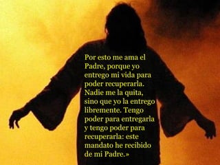 Por esto me ama el
Padre, porque yo
entrego mi vida para
poder recuperarla.
Nadie me la quita,
sino que yo la entrego
libremente. Tengo
poder para entregarla
y tengo poder para
recuperarla: este
mandato he recibido
de mi Padre.»
 