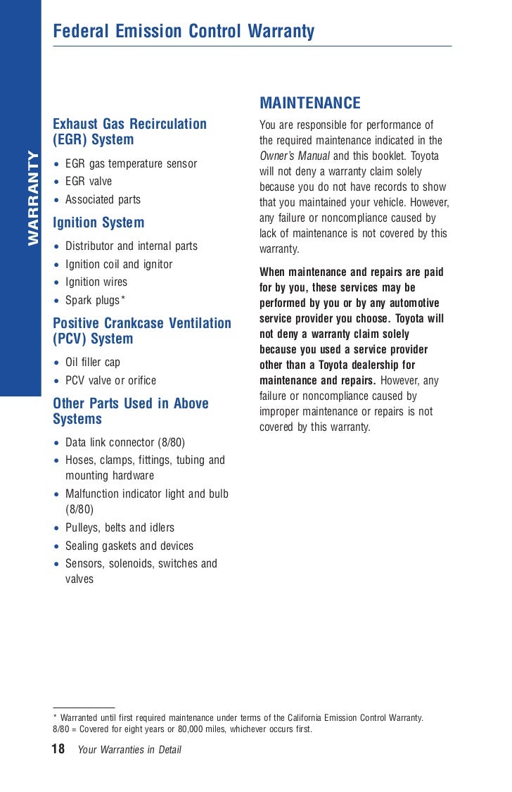 Your Warranties in Detail 17; 19. Federal Emission Control Warranty  MAINTENANCE ...
