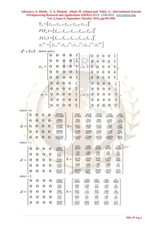 Adesanya, A. Olaide, A. A. Momoh, Alkali, M. Adamu and Tahir, A. / International Journal
    of Engineering Research and Applications (IJERA) ISSN: 2248-9622 www.ijera.com
                    Vol. 2, Issue 5, September- October 2012, pp.991-998
                  Ym   yn 1 , yn  2 , yn 3 , yn  4 , yn 5 
                                                                              T



                  F (Ym )   f n 1 , f n  2 , f n 3 , f n  4 , f n 5 
                                                                                     T



                   f ( yn )   f n 1 , f n  2 , f n 3 , f n  4 , f n 5 
                                                                                    T



                  yn ( i )   yn 1( i ) , yn  2 ( i ) , yn 3( i ) , yn  4 ( i ) , yn ( i ) 
                                                                                               
A0  5  5        identity matrix
                       0             0       0        0      1          0 0                    0     0       1
                       0                                                0 0
                                     0       0        0      1
                                                                                                 0     0       2
                  e0   0            0       0        0      1 , e1  0 0                      0     0       3 ,
                                                                                                               
                       0             0       0        0      1          0 0                    0     0       4
                       0
                                     0       0        0      1         0 0
                                                                                                 0     0       5
                        0             0      0       0       2 
                                                              1
                                                                          0 0                    0 0            1
                                                                                                                  6 
                        0             0      0       0       2          0 0                                    4 
                                                                                               0 0             3 

                   e2  0             0      0       0       9 
                                                                   , e3  0 0                    0 0            27 
                                                                                                                      ,
                                                                
                                                              2
                                                                                                                   
                                                                                                                  2
                                                                                                                 32
                        0             0      0       0       8          0 0                    0 0             3 
                        0
                                      0      0       0       25 
                                                              2 
                                                                          0 0
                                                                                                 0 0           125 
                                                                                                                  6 
when i  0,
    0        0      0      0         49126
                                    1814400           1814400
                                                         49045            40160
                                                                         1814400
                                                                                          25430
                                                                                        1814400
                                                                                                       9310
                                                                                                      1814400
                                                                                                                     1469
                                                                                                                   1814400   
    0        0      0      0         4264            7960              4910           3080         1120         176     
                                    14175            14175             14175          14175         14175        14175    
d  0        0      0      0         25488      b   63315             26460         19170         7020        1107     
                                               
                                      22400
                                                       116480                                                               
                                                         22400             22400          22400         22400       22400
                                      40448                               29440         33280         11360       1792
    0        0      0      0        14175            14175             14175          14175         14175        14175    
    0
             0      0      0        418250
                                     72576
                                                
                                                      1315625
                                                       72576
                                                                         175000
                                                                          72576
                                                                                         418750
                                                                                         72576
                                                                                                      106250
                                                                                                       72576
                                                                                                                    18625
                                                                                                                    72576
                                                                                                                             
                                                                                                                             
when i  1,

    0        0       0      0        3929
                                                     40320  4975        3862
                                                                          40320
                                                                                        2422
                                                                                        40320
                                                                                                      883
                                                                                                      40320
                                                                                                                   139
                                                                                                                  40320
    0
                                      40320
                                                     734                380            244          89         14 
             0       0      0         317
                                       630           630                 630           630           630         630 

                                                b   4480
                                                                          4374                       1539        243 
d  0                                 5181            16119                             4230
              0       0      0
                                                      2336                                                        32 
                                                                          4480           4480         4480        4480
                                              
                                      4480
                                                                           224          704          200
                                                      315                                                         315 
                                       712
    0        0       0      0         315                                 315          315           315
    0                                29125          101875
                                                      8064
                                                                           1250         38250         4375       1375 
                                                                                                                  8064 
             0       0      0        8064                                8064         8064          8064
when i  2,
    0        0       0       0        2462
                                      10080          10080
                                                        4315            3044
                                                                        10080
                                                                                     1882
                                                                                    10080
                                                                                                   682
                                                                                                  10080
                                                                                                                 107
                                                                                                                10080   
    0        0       0       0         355          1088              370         272          101           16    
                                       630          630               630          630          630            630   
d  0        0       0       0        984      b   1120
                                                        3501             72          870          288            45   
                                                    1424                                                             
                                      1120                              1120        1120          1120           1120
                                       376                               176          608          80            16
    0        0       0       0         315          315               315          315          315            315   
    0
             0       0       0        3050
                                       2016
                                               
                                                     11875
                                                      2016
                                                                         2500
                                                                         2016
                                                                                     6250
                                                                                     2016
                                                                                                  1250
                                                                                                   2016
                                                                                                                  275
                                                                                                                 2016
                                                                                                                        
                                                                                                                        


                                                                                                                                 994 | P a g e
 