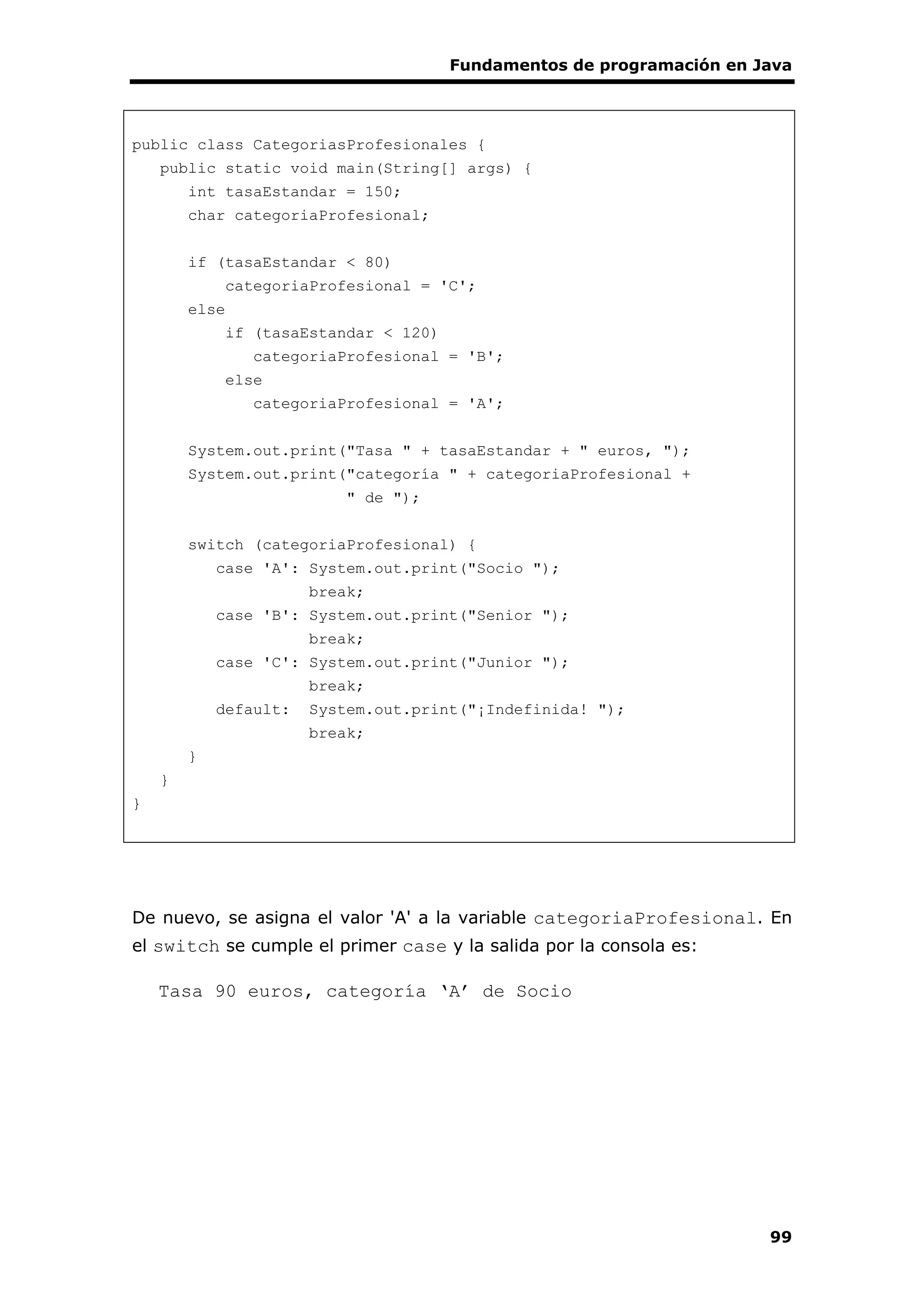 Fundamentos de programación en Java
99
public class CategoriasProfesionales {
public static void main(String[] args) {
int tasaEstandar = 150;
char categoriaProfesional;
if (tasaEstandar < 80)
categoriaProfesional = 'C';
else
if (tasaEstandar < 120)
categoriaProfesional = 'B';
else
categoriaProfesional = 'A';
System.out.print("Tasa " + tasaEstandar + " euros, ");
System.out.print("categoría " + categoriaProfesional +
" de ");
switch (categoriaProfesional) {
case 'A': System.out.print("Socio ");
break;
case 'B': System.out.print("Senior ");
break;
case 'C': System.out.print("Junior ");
break;
default: System.out.print("¡Indefinida! ");
break;
}
}
}
De nuevo, se asigna el valor 'A' a la variable categoriaProfesional. En
el switch se cumple el primer case y la salida por la consola es:
Tasa 90 euros, categoría ‘A’ de Socio
 