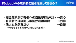 FJcloud-Vの無料枠を選ぶ理由ってあるの？
12
・完全無料かつ有償への自動移行がない →安心
・有償版とほぼ同じ機能が利用可能 →お得
・他人とかぶらない →自慢
→今ならネットで第一人者になれるぞ？
Copyright 2022 Fujitsu Cloud Technologies Limited
 