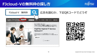 FJcloud-Vの無料枠の探し方
14
広告を踏むか、下記QRコードでどうぞ
FJcloud-V 無料枠
Copyright 2022 Fujitsu Cloud Technologies Limited
 
