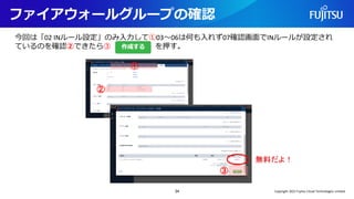 ファイアウォールグループの確認
今回は「02 INルール設定」のみ入力して①03～06は何も入れず07確認画面でINルールが設定され
ているのを確認②できたら③ を押す。
34
無料だよ！
①
③
②
Copyright 2022 Fujitsu Cloud Technologies Limited
 