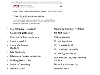 • ABC-company E-skuvla AS
• Akademiet Nettstudier
• BI Senter for finansutdanning
• Campus NooA AS
• CampusOnline.no
eCademy
• Folk Bibelskole
• Folkeuniversitetets Nettstudier
• Heltberg Nettstudier
• Lazanor Connecting
• Luftfartsskolen
• Næring og Samfunn Nettskole
• NKI Nettstudier
• NKS Nettstudier
• Norges Byggskole
• Norsk Nettskole AS
• Norsk Industri nettskole
• Opplæringskonsult AS
• Scandinavian Language Training
Institute
• Senter for eiendomsfag
• Stiftelsen TISIP
 