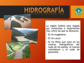La región Andina esta regada
por numerosos e importantes
ríos, entre los que se destacan:
• El río magdalena
• El río cauca
• El río Patía que nace en los
centros hidrográficos del
nudo de los pastos, el macizo
colombiano y el nudo de
paramillo.
 