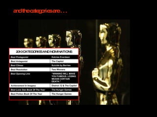 and the categories are . . .   The Hunger Games Best Fiction Book Of The Year The Hunger Games Best Lone Star Book Of The Year District 12 & The Capitol Achievement In Imagery “ WINNING WILL MAKE YOU FAMOUS. LOSING MEANS CERTAIN DEATH.” Best Opening Line  Two Winners Best Resolution  Suicide by Berries Best Climax  The Capitol Best Antagonist  Katniss Everdeen Best Protagonist  2010 CATEGORIES AND NOMINATIONS 