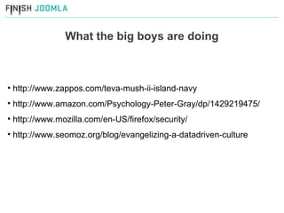 What the big boys are doing http://www.zappos.com/teva-mush-ii-island-navy http://www.amazon.com/Psychology-Peter-Gray/dp/1429219475/ http://www.mozilla.com/en-US/firefox/security/ http://www.seomoz.org/blog/evangelizing-a-datadriven-culture 