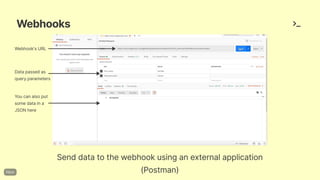 Webhooks
Senddatatothewebhookusinganexternalapplication
(Postman)
Webhook'sURL
Datapassedas
queryparameters
Youcanalsoput
somedataina
JSONhere