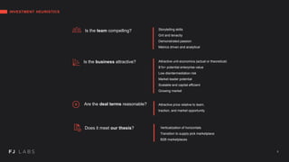 INVESTMENT HEURISTICS
Verticalization of horizontals
Transition to supply pick marketplace
B2B marketplaces
5
Does it meet our thesis?
Storytelling skills
Grit and tenacity
Demonstrated passion
Metrics driven and analytical
Attractive unit economics (actual or theoretical)
$1b+ potential enterprise value
Low disintermediation risk
Market leader potential
Scalable and capital efficient
Growing market
Attractive price relative to team,
traction, and market opportunity
Is the team compelling?
Is the business attractive?
Are the deal terms reasonable?
 