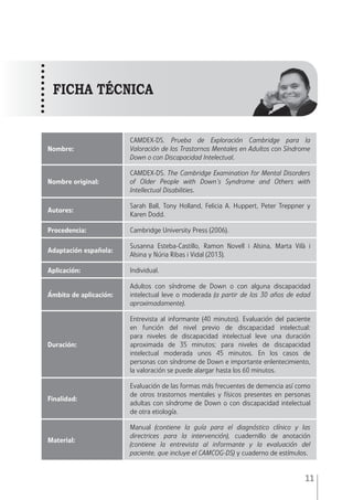MANUAL • 1. Introducción
11
Nombre:
CAMDEX-DS. Prueba de Exploración Cambridge para la
Valoración de los Trastornos Mentales en Adultos con Síndrome
Down o con Discapacidad Intelectual.
Nombre original:
CAMDEX-DS. The Cambridge Examination for Mental Disorders
of Older People with Down’s Syndrome and Others with
Intellectual Disabilities.
Autores:
Sarah Ball, Tony Holland, Felicia A. Huppert, Peter Treppner y
Karen Dodd.
Procedencia: Cambridge University Press (2006).
Adaptación española:
Susanna Esteba-Castillo, Ramon Novell i Alsina, Marta Vilà i
Alsina y Núria Ribas i Vidal (2013).
Aplicación: Individual.
Ámbito de aplicación:
Adultos con síndrome de Down o con alguna discapacidad
intelectual leve o moderada (a partir de los 30 años de edad
aproximadamente).
Duración:
Entrevista al informante (40 minutos). Evaluación del paciente
en función del nivel previo de discapacidad intelectual:
para niveles de discapacidad intelectual leve una duración
aproximada de 35 minutos; para niveles de discapacidad
intelectual moderada unos 45 minutos. En los casos de
personas con síndrome de Down e importante enlentecimiento,
la valoración se puede alargar hasta los 60 minutos.
Finalidad:
Evaluación de las formas más frecuentes de demencia así como
de otros trastornos mentales y físicos presentes en personas
adultas con síndrome de Down o con discapacidad intelectual
de otra etiología.
Material:
Manual (contiene la guía para el diagnóstico clínico y las
directrices para la intervención), cuadernillo de anotación
(contiene la entrevista al informante y la evaluación del
paciente, que incluye el CAMCOG-DS) y cuaderno de estímulos.
FICHA TÉCNICA
 