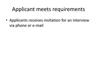 Applicant meets requirementsApplicants receives invitation for an interview via phone or e-mail