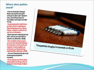 Where does politics stand? Former President George Bush, allowed funding for embryonic stem cell research only when the embryo is harvested, not frozen and still living. He considered himself to be pro-life which made others, like Congresswoman, Nancy Pelosi, made him rethink his opinion on the topic.  Bush has even vetoed policies that  will try to override his decision (Lefkowitz, 2008).  Prior to Bush, there was an amendment called the Dickey Amendment, which did fund research involving “human embryos or embryos being destroyed” (Lefkowitz, 2008).  Former President Clinton had his lawyers revise this however.  Final decision by Pres. Bush, allow public funding, only on embryo lines already created.  The perfect drug by limowreck on flickr 