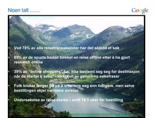 Noen tall .......




•     Ved 78% av alle reisetransaksjoner har det skjedd et søk

•     65% av de spurte hadde booket en reise offline etter å ha gjort
      research online

•     39% av “online shoppers” har ikke bestemt seg seg for destinasjon
      når de starter å søke* - viktighet av generiske søkefraser

•     Folk bruker lenger tid på å orientere seg enn tidligere, men selve
      bestillingen skjer nærmere avreise

•     Undersøkelse av reise starter i snitt 18.1 uker før bestilling

*Kilde: Compete
 Kilde: Travelers Road to Decision - Google/OTX Study, http://www.mediapost.com/publications/?fa=Articles.showArticle&art_aid=110204
                                                                                                           Google Confidential and Proprietary   18
 