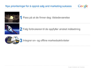 Nye prioriteringer for å oppnå salg and marketing suksess



            1 Pass på at de finner deg: tilstedeværelse

            2 Følg forbrukeren til de oppfyller ønsket målsetning

            3 Integrer on- og offline markedsaktiviteter




                                                       Google Confidential and Proprietary
 