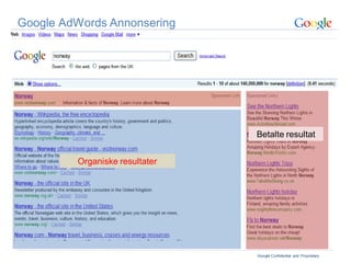 Google AdWords Annonsering




                                Betalte resultat


         Organiske resultater




                                Google Confidential and Proprietary
 