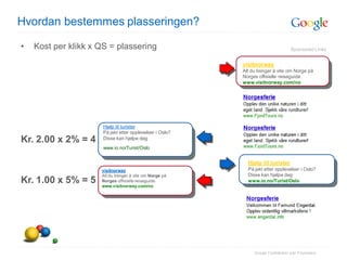 Hvordan bestemmes plasseringen?

•   Kost per klikk x QS = plassering                                               Sponsored Links


                                                          visitnorway
                                                          Alt du trenger å vite om Norge på
                                                          Norges offisielle reiseguide
                                                          www.visitnorway.com/no




                      Hjelp til turister
                      På jakt etter opplevelser i Oslo?
Kr. 2.00 x 2% = 4     Disse kan hjelpe deg
                      www.io.no/Turist/Oslo


                                                            Hjelp til turister
                     visitnorway                            På jakt etter opplevelser i Oslo?
                     Alt du trenger å vite om Norge på      Disse kan hjelpe deg
Kr. 1.00 x 5% = 5    Norges offisielle reiseguide.
                     www.visitnorway.com/no
                                                            www.io.no/Turist/Oslo




                                                               Google Confidential and Proprietary
 