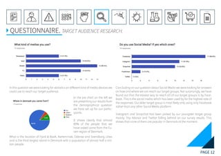 PAGE 12
REFERENCE LIST
APPENDIX
CONCLUSIONEVOLUTIONEXPERIMENTATIONIDEATIONINTERPRETATIONDISCOVERYANALYSISMETHODSPROBLEM DEFINITIONINTRODUCTIONEXECUTIVE SUMMARY
QUESTIONNAIRE. TARGET AUDIENCE RESEARCH.
In this question we were looking for statistics on different kind of media devices we
could use to reach our target audience.
Concluding on our question about Social Media we were looking for answers
on how and where we can reach our target groups. Not surprisingly, we have
found out that the easiest way to reach all of our target groups is by Face-
book. This is the social media which has been used by far the highest rate of
the responses. Our elder target group is most likely only using only Facebook
rather than any other Social Media platform.
Instagram and Snapchat has been picked by our youngster target group
mainly. Trip Advisor and Twitter falling behind on our survey results. This
shows that none of them are popular in Denmark at the moment.
In the pie chart on the left we
are presenting our results from
the demographical question
we have set up for our partic-
ipants.
It shows clearly that almost
85% of the people that we
have asked came from the Fu-
nen region of Denmark.
What is the location of Fjord & Baelt, Kerteminde, Odense and Svendborg cities
and is the third largest island in Denmark with a population of almost half a mil-
lion people.
 