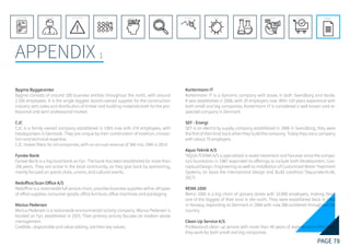 PAGE 78
APPENDIX 1
REFERENCE LIST
APPENDIX
CONCLUSIONEVOLUTIONEXPERIMENTATIONIDEATIONINTERPRETATIONDISCOVERYANALYSISMETHODSPROBLEM DEFINITIONINTRODUCTIONEXECUTIVE SUMMARY
Bygma Byggecenter
Bygma consists of around 100 business entities throughout the north, with around
2.100 employees. It is the single biggest danish-owned supplier for the construction
industry with sales and distribution of timber and building materials both for the pro-
fessional and semi professional market.
CJC
CJC is a family owned company established in 1953 now with 274 employees, with
headquarters in Denmark. They are unique by their combination of tradition, innova-
tion and technical expertise.
CJC makes filters for oil companies, with an annual revenue of 340 mio. DKK in 2014
Fynske Bank
Fynske Bank is a big local bank on Fyn. The bank has been established for more than
150 years. They are active in the local community, as they give back by sponsoring,
mainly focused on sports clubs, unions, and cultural events.
Redoffice/Scan Office A/S
Redoffice is a nationwide full service chain, provides business supplies within all types
of office supplies, consumer goods, office furniture, office machines and packaging.
Marius Pedersen
Marius Pedersen is a nationwide environmental activity company. Marius Pedersen is
located on Fyn, established in 1925. Their primary activity focuses on modern waste
management.
Credible , responsible and value adding, are their key values.
Kortermann IT
Kortermann IT is a dynamic company with bases in both Svendborg and Varde.
It was established in 2006, with 20 employers now. With +20 years experience with
both small and big companies, Kortermann IT is considered a well known and re-
spected company in Denmark
SEF - Energi
SEF is an electricity supply company established in 1906 in Svendborg, they were
the first of their kind back when they build the company. Today they are a company
with about 75 employers.
Aqua-Teknik A/S
“AQUA-TEKNIK A/S is specialized in water treatment and has ever since the compa-
ny’s foundation in 1987 expanded its offerings to include both Development, Con-
ceptual Design, Engineering as well as installation of Customized Water Treatment
Systems, on basis the international Design and Build condition.”(Aqua-teknik.dk,
2017)
REMA 1000
Rema 1000 is a big chain of grocery stores with 10.000 employers, making them
one of the biggest of their kind in the north. They were established back in 1948
in Norway, expanding to Denmark in 1994 with now 280 scattered throughout the
country.
Clean Up Service A/S
Professional clean up service with more than 40 years of experience in their field,
they work for both small and big companies.
 