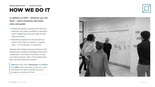 Design and Innovation
from Accenture Interactive
HOW WE DO IT
DESIGN FROM WITHIN | SETTING UP SHOP
In addition to SOTs – whatever you call
them – some companies also build
clans and guilds:
• CLANS are groups of people from the same
discipline, who meet up weekly to talk about
what’s happening across the range of work
they’re all doing.
• GUILDS are people from any discipline or
project, who share an interest in a specific
topic – AI, for example, or blockchain.
Building these different groups reinforces their
relationships, develops knowledge-sharing and
collaboration, and boosts the quality of work
your team produces. Much of this thinking has
been well documented by Spotify.
Client B call their SOTs “ninja groups” and Client A
has “tribes”. Each ninja group or tribe has a name
and identity that helps to establish a sense of
belonging, camaraderie and trust.
© 201715
 