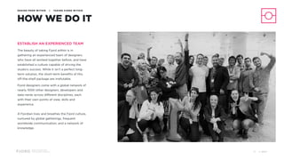 Design and Innovation
from Accenture Interactive
HOW WE DO IT
DESIGN FROM WITHIN | TAKING FJORD WITHIN
ESTABLISH AN EXPERIENCED TEAM
The beauty of taking Fjord within is in
gathering an experienced team of designers
who have all worked together before, and have
established a culture capable of driving the
studio’s success. While it isn’t a perfect long-
term solution, the short-term benefits of this
off-the-shelf package are irrefutable.
Fjord designers come with a global network of
nearly 1000 other designers, developers and
data nerds across different disciplines, each
with their own points of view, skills and
experience. 
 
A Fjordian lives and breathes the Fjord culture,
nurtured by global gatherings, frequent
worldwide communication, and a network of
knowledge.
© 201739
 