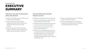 Design and Innovation
from Accenture Interactive
EXECUTIVE
SUMMARY
DESIGN FROM WITHIN
Each has its own ways of achieving the
GOALS they all share:
• Create a culture that inspires creativity and is
liberated to think differently.
• Create a relationship with the parent
company that allows them to deliver value
and pull on resources from the wider
business.
• Scale the ideas that come from a design
studio or innovation hub into market-ready
experiences that will topple competitors.  
And each follows these GOLDEN
RULES for success:
• Appoint a strong leader with clear autonomy.
• Create a psychologically and physically ‘safe’
space for designers to work freely.
• Assemble a diverse team and give them time
to work out how they will work together.
• If you’re setting up a new studio or hub,
create a distinct brand for it.
• Follow a Service Design approach to ensure 
you involve the user from the beginning, and
throughout the process of coming up with
any new products or services, while also
considering the backstage changes necessary
to make them work.
• Define a clear purpose and vision of what the
project will set out to achieve.
• Focus on breaking down silos, rather than  
allowing your stand-alone unit to exacerbate
any disconnected ways of working.
© 20175
 