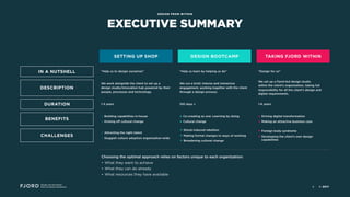 EXECUTIVE SUMMARY
Design and Innovation
from Accenture Interactive
DESIGN FROM WITHIN
SETTING UP SHOP DESIGN BOOTCAMP TAKING FJORD WITHIN
IN A NUTSHELL
DESCRIPTION
DURATION
BENEFITS
CHALLENGES
“Help us to design ourselves”
We work alongside the client to set up a
design studio/innovation hub powered by their
people, processes and technology.
1-3 years
• Building capabilities in-house
• Kicking off cultural change
• Attracting the right talent
• Sluggish culture adoption organization-wide
“Help us learn by helping us do”
We run a brief, intense and immersive
engagement, working together with the client
through a design process.
100 days +
• Co-creating as one: Learning by doing
• Cultural change
• Shock-induced rebellion
• Making formal changes to ways of working
• Broadening cultural change
“Design for us”
We set up a Fjord-led design studio 
within the client’s organization, taking full
responsibility for all the client’s design and
digital requirements.
1-6 years
• Driving digital transformation
• Making an attractive business case
• Foreign body syndrome
• Developing the client’s own design  
capabilities
Choosing the optimal approach relies on factors unique to each organization:
• What they want to achieve
• What they can do already
• What resources they have available
© 20176
 