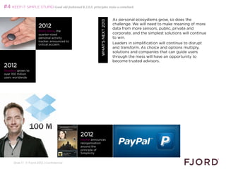 #4 KEEP IT SIMPLE STUPID Good old-fashioned K.I.S.S. principles make a comeback

                                                                               As personal ecosystems grow, so does the




                                                            WHAT’S NEXT 2013
                                                                               challenge. We will need to make meaning of more
                        2012                                                   data from more sensors, public, private and
                        Misfit Shine, the
                        quarter-sized                                          corporate, and the simplest solutions will continue
                        personal activity                                      to win.
                        tracker, announced to
                        critical acclaim.                                      Leaders in simplification will continue to disrupt
                                                                               and transform. As choice and options multiply,
                                                                               solutions and companies that can guide users
                                                                               through the mess will have an opportunity to
                                                                               become trusted advisors.
2012                                                                           
Dropbox grows to
over 100 million
users worldwide




                                                2012
                                                PayPal announces
                                                reorganisation
                                                around the
                                                principle of
                                                Simplicity


      Slide 17 © Fjord 2012 | Confidential
 