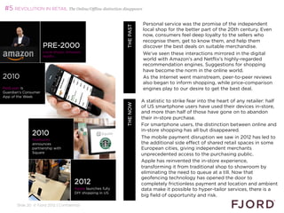 #5 REVOLUTION IN RETAIL The Online/Offline distinction disappears

                                                                                  Personal service was the promise of the independent




                                                               WHAT’S NEXT 2013
                                                                      THE PAST
                                                                                  local shop for the better part of the 20th century. Even
                                                                                  now, consumers feel deep loyalty to the sellers who
                                                                                  recognise them, get to know them, and help them
                      PRE-2000                                                    discover the best deals on suitable merchandise.
                      Local shops, Amazon,                                        We’ve seen these interactions mirrored in the digital
                      Netflix
                                                                                  world with Amazon's and Netflix's highly-regarded
                                                                                  recommendation engines. Suggestions for shopping
                                                                                  have become the norm in the online world.
2010                                                                              As the Internet went mainstream, peer-to-peer reviews
                                                                                  also began to inform shopping, while price-comparison
RedLaser is                                                                       engines play to our desire to get the best deal.
Guardian's Consumer
App of the Week
                                                                                  A statistic to strike fear into the heart of any retailer: half




                                                                       THE NOW
                                                                                  of US smartphone users have used their devices in-store,
                                                                                  and more than half of those have gone on to abandon
                                                                                  their in-store purchase.
                                                                                  For smartphone users, the distinction between online and
                                                                                  in-store shopping has all but disappeared.
               2010                                                               The mobile payment disruption we saw in 2012 has led to
               Starbucks
               announces                                                          the additional side effect of shared retail spaces in some
               partnership with                                                   European cities, giving independent merchants
               Square
                                                                                  unprecedented access to the purchasing public.
                                                                                  Apple has reinvented the in-store experience,
                                                                                  transforming it from traditional shop to showroom by
                                                                                  eliminating the need to queue at a till. Now that
                                                                                  geofencing technology has opened the door to
                                        2012                                      completely frictionless payment and location and ambient
                                        Apple launches fully                      data make it possible to hyper-tailor services, there is a
                                        DIY shopping in US
                                                                                  big field of opportunity and risk.
                                                                                  
       Slide 20 © Fjord 2012 | Confidential
 