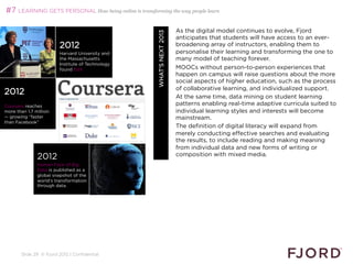 #7 LEARNING GETS PERSONAL How being online is transforming the way people learn

                                                                           As the digital model continues to evolve, Fjord




                                                        WHAT’S NEXT 2013
                                                                           anticipates that students will have access to an ever-
                        2012                                               broadening array of instructors, enabling them to
                        Harvard University and                             personalise their learning and transforming the one to
                        the Massachusetts                                  many model of teaching forever.
                        Institute of Technology
                        found EdX                                          MOOCs without person-to-person experiences that
                                                                           happen on campus will raise questions about the more
                                                                           social aspects of higher education, such as the process
                                                                           of collaborative learning, and individualized support.
2012                                                                       At the same time, data mining on student learning
Coursera reaches                                                           patterns enabling real-time adaptive curricula suited to
more than 1.7 million                                                      individual learning styles and interests will become
— growing “faster                                                          mainstream.
than Facebook”
                                                                           The definition of digital literacy will expand from
                                                                           merely conducting effective searches and evaluating
                                                                           the results, to include reading and making meaning
                                                                           from individual data and new forms of writing or
               2012                                                        composition with mixed media.
               Human Face of Big                                           
               Data is published as a
               global snapshot of the
               world's transformation
               through data.




       Slide 29 © Fjord 2012 | Confidential
 