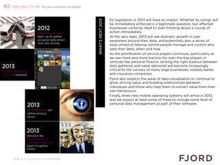 #2 I BELONG TO ME The personal data battlefield

                                                                      EU legislation in 2013 will have an impact. Whether its rulings will




                                                   WHAT’S NEXT 2013
                                                                      be immediately enforced is a legitimate question, but affected
                         2012                                         businesses certainly need to start thinking about a course of
                         State Farm  Ford                            action immediately.
                         team up to gather                            At the very least, 2013 will see dramatic growth in user
                         actuarial data direct                        awareness around their data, and potentially also a series of
                         from the vehicle.
                                                                      tools aimed at helping normal people manage and control who
                                                                      sees their data, when and how.
                                                                      As the proliferation of service players continues, particularly as
                                                                      we see more and more traction for over-the-top players in
                                                                      verticals like personal finance, striking the right balance between
2013                                                                  data gathered and value delivered will become increasingly
Ubuntu, Mozilla, 
                                                                      critical to the success of many large businesses, notably banks
Tizen OS released.                                                    and insurance companies.
                                                                      Fjord also expects the wave of data visualisation to continue to
                                                                      grow, driving value and building relationships between
                                                                      individuals and those who help them to extract value from their
                                                                      own behaviours.
                                                                      Finally, three new mobile operating systems will arrive in 2013,
                                                                      and we expect at least some of these to include some level of
                 2013                                                 personal data management as part of their software.
                 EU Legislation will
                                                                      
                 define privacy
                 terms.




                 2013
                 Services like
                 ReclaimPrivacy,
                 Untangle, Unroll.me
                 begin to gather
                 steam.


       Slide 9 © Fjord 2012 | Confidential
 