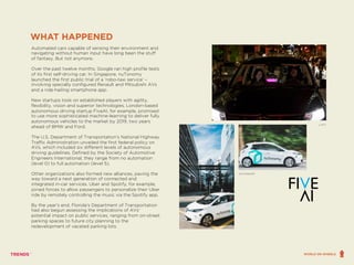 WHAT HAPPENED
Automated cars capable of sensing their environment and
navigating without human input have long been the stuff
of fantasy. But not anymore.
Over the past twelve months, Google ran high profile tests
of its first self-driving car. In Singapore, nuTonomy
launched the first public trial of a ‘robo-taxi service’ –
involving specially configured Renault and Mitsubishi AVs
and a ride-hailing smartphone app.
New startups took on established players with agility,
flexibility, vision and superior technologies. London-based
autonomous driving startup FiveAI, for example, promised
to use more sophisticated machine-learning to deliver fully
autonomous vehicles to the market by 2019, two years
ahead of BMW and Ford.
The U.S. Department of Transportation’s National Highway
Traffic Administration unveiled the first federal policy on
AVs, which included six different levels of autonomous
driving guidelines. Defined by the Society of Automotive
Engineers International, they range from no automation
(level 0) to full automation (level 5).
Other organizations also formed new alliances, paving the
way toward a next generation of connected and
integrated in-car services. Uber and Spotify, for example,
joined forces to allow passengers to personalize their Uber
ride by remotely controlling the music via the Spotify app.
By the year’s end, Florida’s Department of Transportation
had also begun assessing the implications of AVs’
potential impact on public services, ranging from on-street
parking spaces to future city planning to the
redevelopment of vacated parking lots.
LYFT
NUTONOMY
WORLD ON WHEELS
 