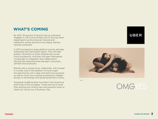 By 2021, 20 percent of all activities an individual
engages in will involve at least one of the top seven
digital giants as the physical, financial and
healthcare worlds become more digital, Gartner
recently predicted.
In 2017 and beyond, large platform brands will keep
expanding their permission space. They will take
greater ownership of entire experiences across
more touchpoints. And they will open themselves
increasingly to integration and collaboration,
diluting the traditional lines between consumers,
vendors and producers.
Brands with a unique focus, meanwhile, will increase
in number due to the addition of more single-
focused brands with a clear and distinctive purpose
as well as more micro brands powered by cheaper
access to technology and lowering barriers to entry.
Squeezed middle brands must learn from brands at
both ends of the hourglass. Those that fail to build
their positions by finding new and powerful ways to
stand out will go out of business, fast.
WHAT’S COMING
THINX
HOURGLASS BRANDS
 
