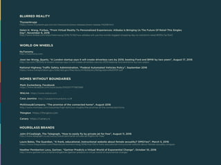 ME, MYSELF AND AI
Business Insider, “Messaging apps are now bigger than social networks”, September 20, 2016
http://uk.businessinsider.com/the-messaging-app-report-2015-11?r=US&IR=T
Josh Constine, TechCrunch, “Facebook launches Messenger platform with chatbots”, April 20, 2016
https://techcrunch.com/2016/04/12/agents-on-messenger/
Digital Health, “Babylon Health launches new AI triage tool”, June 7, 2016
http://www.digitalhealth.net/digital_patient/47751/babylon-health-launches-new-ai-triage-tool
Rama Akkiraju, IBM Watson, “IBM Watson Tone Analyzer – new service now available”, July 16, 2016
https://developer.ibm.com/watson/blog/2015/07/16/ibm-watson-tone-analyzer-service-experimental-release-announcement/
Heather Pemberton Levy, Gartner, “Gartner Predicts a Virtual World of Exponential Change”, October 18, 2016
http://www.gartner.com/smarterwithgartner/gartner-predicts-a-virtual-world-of-exponential-change/
Adam Milton-Barker, VentureBeat, “Mitsuku chatbot wins Loebner Prize for most humanlike A.I., yet again”, October 15, 2016
http://venturebeat.com/2016/10/15/mitsuku-chatbot-wins-most-humanlike-a-i-loebner-prize-again/
David Z. Morris, Fortune, “Mercedes-Benz’s Self-Driving Cars Would Choose Passenger Lives Over Bystanders”, October 15, 2016
http://fortune.com/2016/10/15/mercedes-self-driving-car-ethics/
UNINTENDED CONSEQUENCES
Alexander Zaitchik, The Guardian, “Airbnb is driving up the rent in your urban neighborhood”, October 17, 2016
https://www.theguardian.com/commentisfree/2016/oct/17/airbnb-rent-unaffordable-elizabeth-warren-neighborhoods
Hillary Osborne, The Guardian, “Uber loses right to classify UK drivers as self-employed”, October 28, 2016
https://www.theguardian.com/technology/2016/oct/28/uber-uk-tribunal-self-employed-status
Elle Hunt, The Guardian, “Tay, Microsoft’s AI chatbot, gets a crash course in racism from Twitter”, March 24, 2016
https://www.theguardian.com/technology/2016/mar/24/tay-microsofts-ai-chatbot-gets-a-crash-course-in-racism-from-twitter
Alfred Ng, Daily News, “Thieves using Pokémon Go to find players to steal from in Missouri; at least 11 people robbed”, July 11, 2016
http://www.nydailynews.com/news/crime/thieves-pokemon-find-players-rob-missouri-article-1.2706417
Tim Harford, The Guardian, “Crash: how computers are setting us up for disaster”, October 11, 2016
https://www.theguardian.com/technology/2016/oct/11/crash-how-computers-are-setting-us-up-disaster
University of Cambridge, “The future of intelligence: Cambridge University launches new centre to study AI and the future of humanity”, December 3, 2015
http://www.cam.ac.uk/research/news/the-future-of-intelligence-cambridge-university-launches-new-centre-to-study-ai-and-the-future-of
 