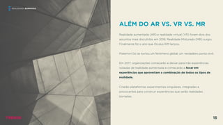 ALÉM DO AR VS. VR VS. MR
 
Realidade aumentada (AR) e realidade virtual (VR) foram dois dos
assuntos mais discutidos em 2016. Realidade Misturada (MR) surgiu.
Finalmente foi o ano que Oculus Rift lançou.
Pokemon Go se tornou um fenômeno global, um verdadeiro ponto pivô.
Em 2017, organizações começarão a deixar para trás experiências
isoladas de realidade aumentada e começarão a focar em
experiências que aproveitam a combinação de todos os tipos de
realidade.
Criarão plataformas experimentais singulares, integradas e
provocantes para construir experiências que serão realidades
borradas.
REALIDADES BORRADAS
TRENDS 15
 