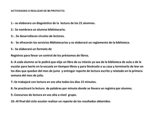 ACTIVIDADES A REALIZAR DE MI PROYECTO:
1.- se elaborara un diagnóstico de la lectura de los 21 alumnos.
2.- Se nombrara un alumno bibliotecario.
3.-. Se desarrollaran círculos de lectores.
4.- Se ofrecerán los servicios Bibliotecarios y se elaborará un reglamento de la biblioteca.
5.- Se elaborará un formato de
Registros para llevar un control de los préstamos de libros.
6.-A cada alumno se le pedirá que elija un libro de su interés ya sea de la biblioteca de aula o de la
escolar para leerlo en la escuela en tiempos libres y para llevárselo a su casa y terminarlo de leer en
los días que quedan del mes de junio y entregar reporte de lectura escrito y relatado en la primera
semana del mes de julio.
7.-Se trabajará con lectura en voz alta todos los días 15 minutos.
8.-Se practicará la lectura de palabras por minuto donde se llevara un registro por alumno.
9.-Concursos de lectura en voz alta a nivel grupo.
10.-Al final del ciclo escolar realizar un reporte de los resultados obtenidos.
 
