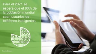 Para el 2021 se
espera que el 80% de
la población mundial
sean usuarios de
teléfonos inteligentes.
Fuente: Ericsson
 