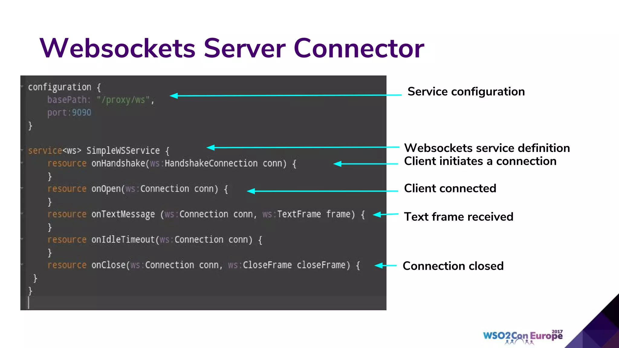 Websockets Server Connector
Websockets service definition
Client initiates a connection
Client connected
Text frame received
Connection closed
Service configuration
 