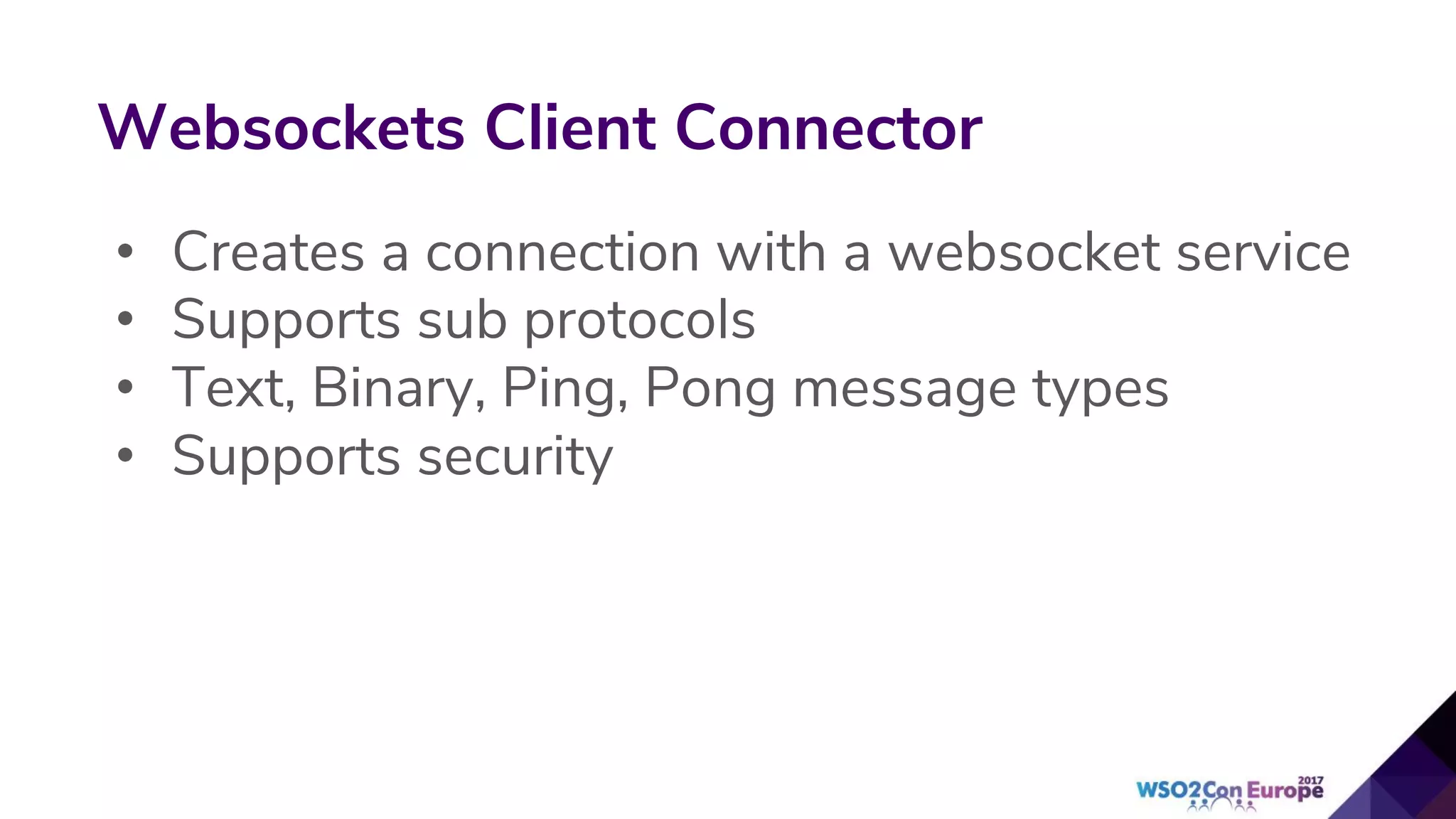 Websockets Client Connector
• Creates a connection with a websocket service
• Supports sub protocols
• Text, Binary, Ping, Pong message types
• Supports security
 