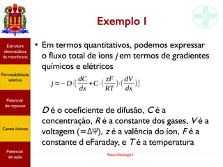 Neurofisiologia I
Exemplo I
●
Em termos quantitativos, podemos expressar
o fluxo total de íons j em termos de gradientes
químicos e elétricos
D é o coeficiente de difusão, C é a
concentração, R é a constante dos gases, V é a
voltagem (=ΔΨ), z é a valência do íon, F é a
constante d eFaraday, e T é a temperatura
j=−D⋅[
dC
dx
+C⋅(
zF
RT
)⋅(
dV
dx
)]
Potencial
graduado
Permeabilidade
seletiva
Estrutura
eletrostática
da membrana
Potencial
de ação
Potencial
graduado
Permeabilidade
seletiva
Estrutura
eletrostática
da membrana
Potencial
de ação
Potencial
graduado
Permeabilidade
seletiva
Estrutura
eletrostática
da membrana
Potencial
de ação
Potencial
de repouso
Canais iônicos
Permeabilidade
seletiva
Estrutura
eletrostática
da membrana
Potencial
de ação
Potencial
de repouso
Canais iônicos
 