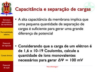 Neurofisiologia I
Potencial
graduado
Permeabilidade
seletiva
Estrutura
eletrostática
da membrana
Potencial
de ação
Capacitância e separação de cargas
● A alta capacitância da membrana implica que
uma pequena quantidade de separação de
cargas é suficiente para gerar uma grande
diferença de potencial
●
Considerando que a carga de um elétron é
de 1,6 x 10-19 Coulombs, calcule a
quantidade de íons monovalentes
necessários para gerar ΔΨ = 100 mV
Potencial
graduado
Permeabilidade
seletiva
Estrutura
eletrostática
da membrana
Potencial
de ação
Potencial
de repouso
Canais iônicos
Permeabilidade
seletiva
Estrutura
eletrostática
da membrana
Potencial
de ação
Potencial
de repouso
Canais iônicos
 
