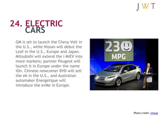 24. ELECTRIC
    CARS
 GM is set to launch the Chevy Volt in
 the U.S., while Nissan will debut the
 Leaf in the U.S., Eur...