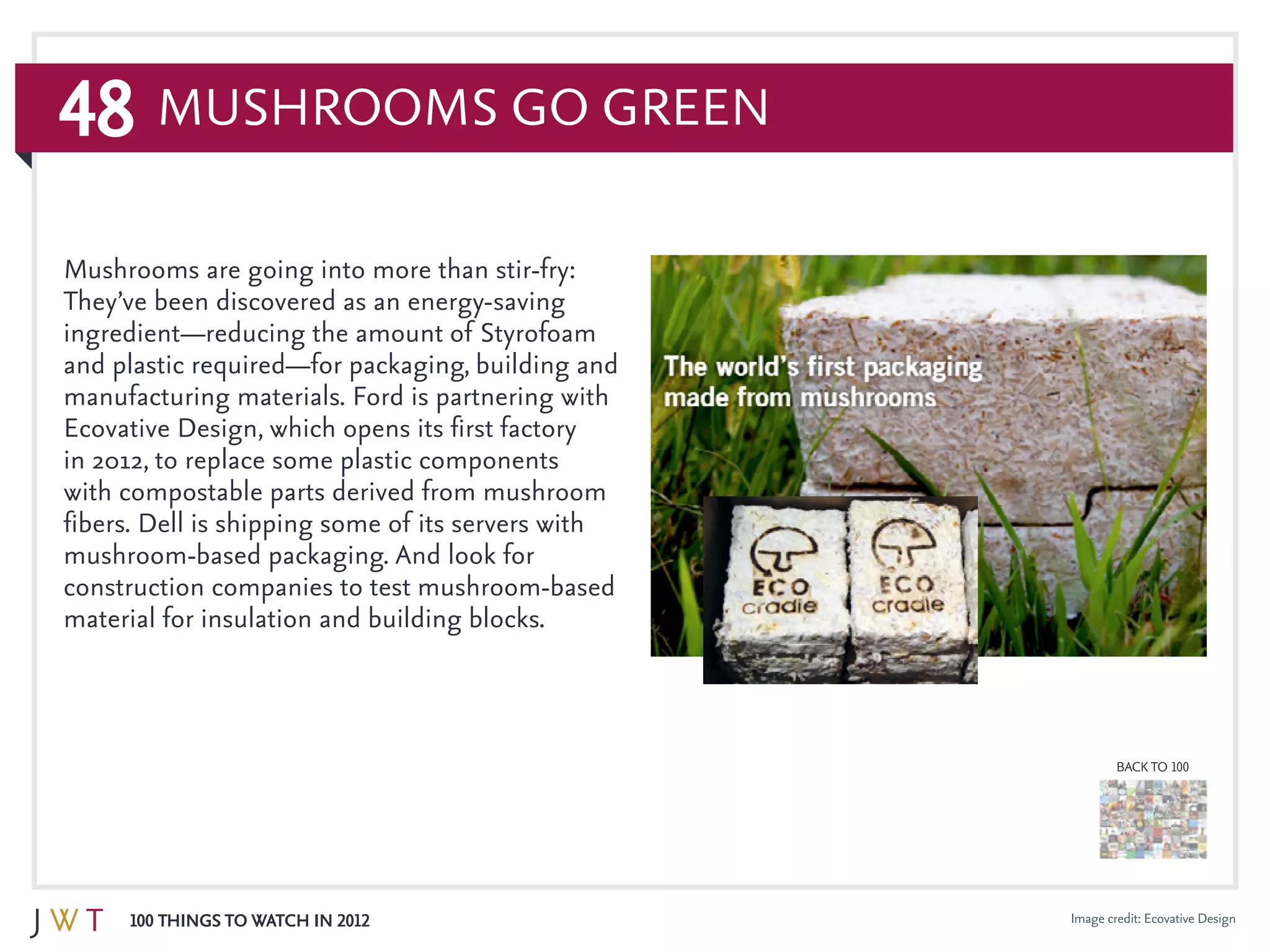 48
100 Things to Watch in 2012
BACK TO 100
Image credit: Ecovative Design
Mushrooms are going into more than stir-fry:
They’ve been discovered as an energy-saving
ingredient—reducing the amount of Styrofoam
and plastic required—for packaging, building and
manufacturing materials. Ford is partnering with
Ecovative Design, which opens its first factory
in 2012, to replace some plastic components
with compostable parts derived from mushroom
fibers. Dell is shipping some of its servers with
mushroom-based packaging. And look for
construction companies to test mushroom-based
material for insulation and building blocks.
Mushrooms Go Green
 
