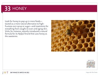33
100 Things to Watch in 2012
BACK TO 100
Image credit: Peter Shanks
Honey
Look for honey to pop up in more foods—
touted...