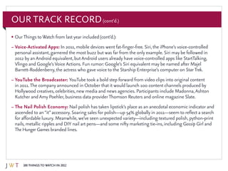 100 Things to Watch in 2012
Our Track Record(cont’d.)
•	OurThings toWatch from last year included (cont’d.):
–	Voice-Activ...