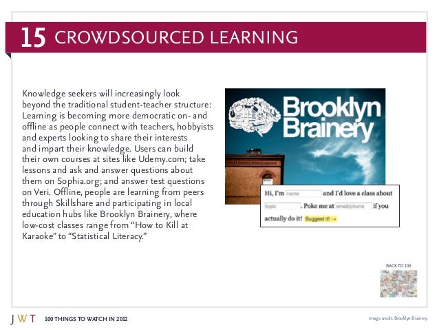 15
100 Things to Watch in 2012
BACK TO 100
Knowledge seekers will increasingly look
beyond the traditional student-teacher...