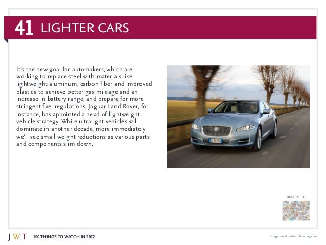 41
100 Things to Watch in 2012
BACK TO 100
Image credit: automobilemag.com
It’s the new goal for automakers, which are
wor...