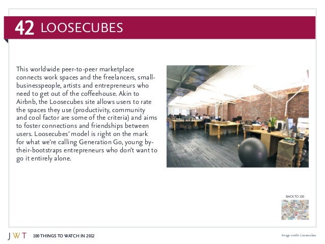 42
100 Things to Watch in 2012
BACK TO 100
Loosecubes
Image credit: Loosecubes
This worldwide peer-to-peer marketplace
con...